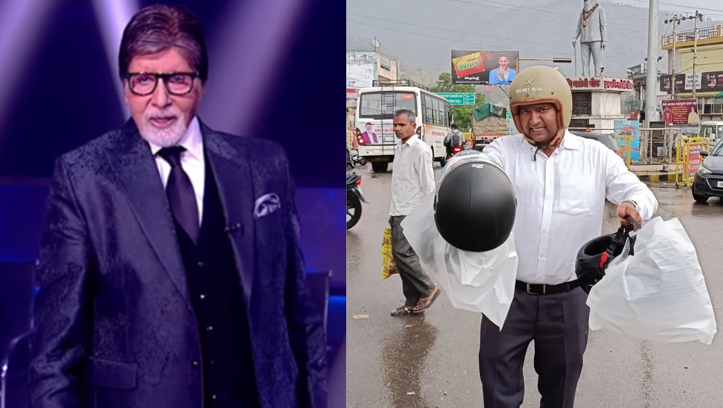 अमिताभ बच्चन ने केबीसी 17 में 'हेलमेट मैन ऑफ इंडिया' राघवेंद्र कुमार को सम्मानित किया।"Image Courtesy:Instagram/@helmet_man_of_india/@amitabhbachchan