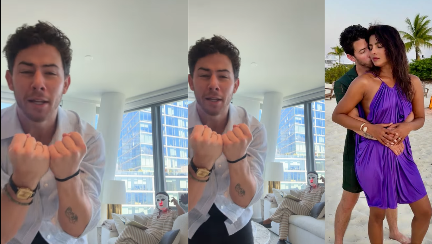 "Image Courtesy: Instagram/@nickjonas | प्रियंका चोपड़ा और निक जोनास हाल ही में शेयर किए गए इंस्टाग्राम वीडियो में अपने अनोखे अंदाज़ में दिखाई दिए।"