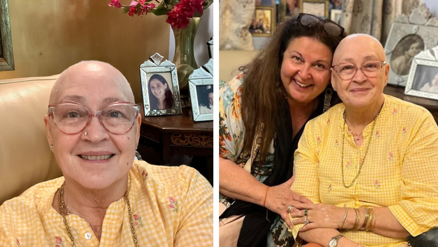 “Nafisa Ali bald look during chemotherapy smiling | "Image Courtesy:instagram/@nafisaalisodhi