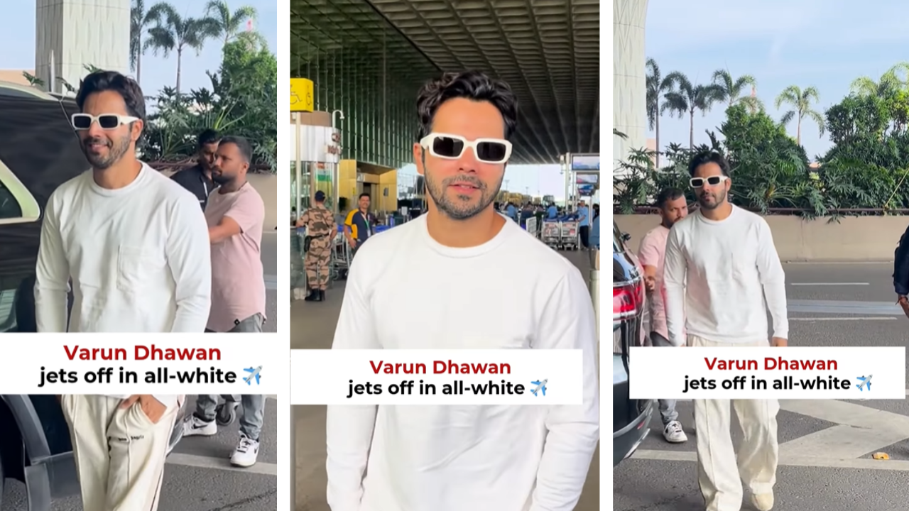 Varun Dhawan all white airport look with sneakers | "Image Courtesy:instagram/@etimes